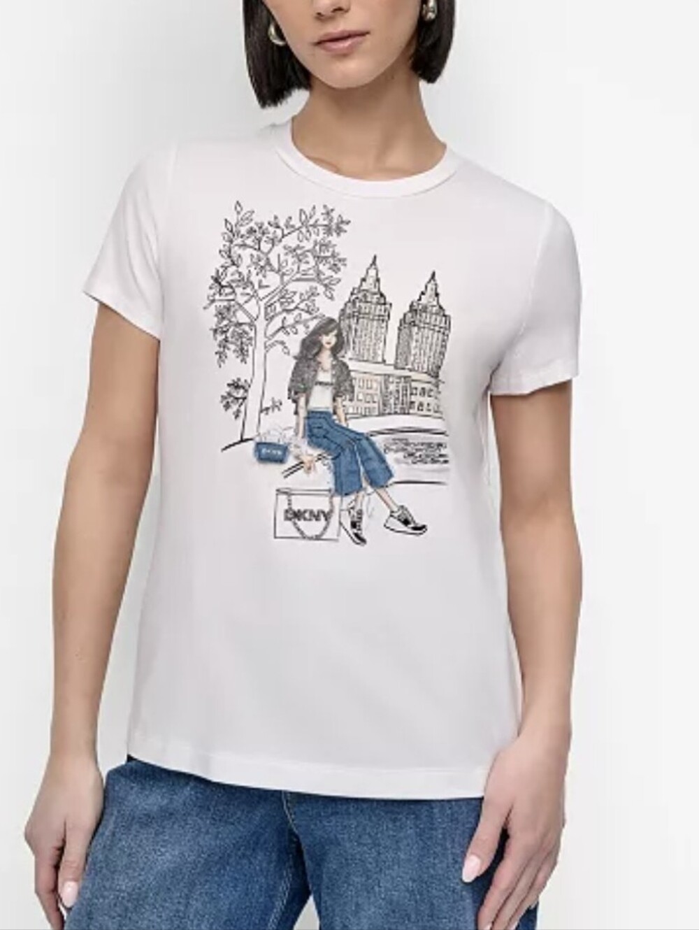 DKNY Women's Bow Bridge Conversational Crewneck Tee, Size XL